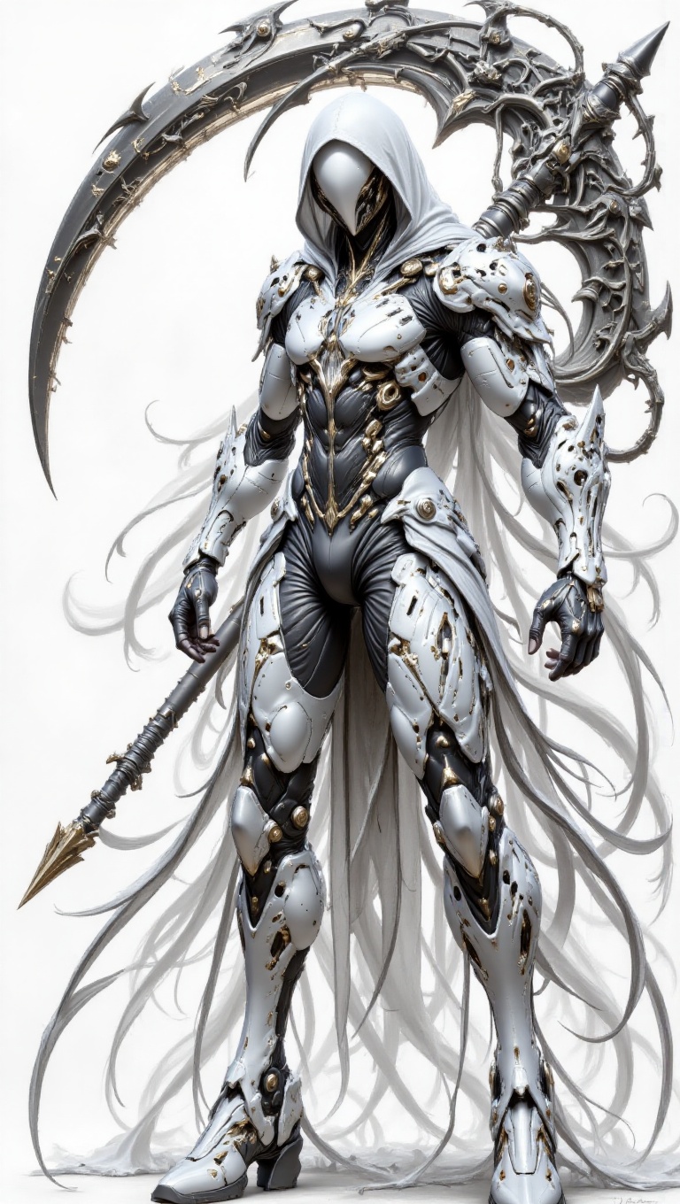 A black and white pencil drawing of a cloaked figure wielding a large scythe. The character is depicted in a sleek suit ad...