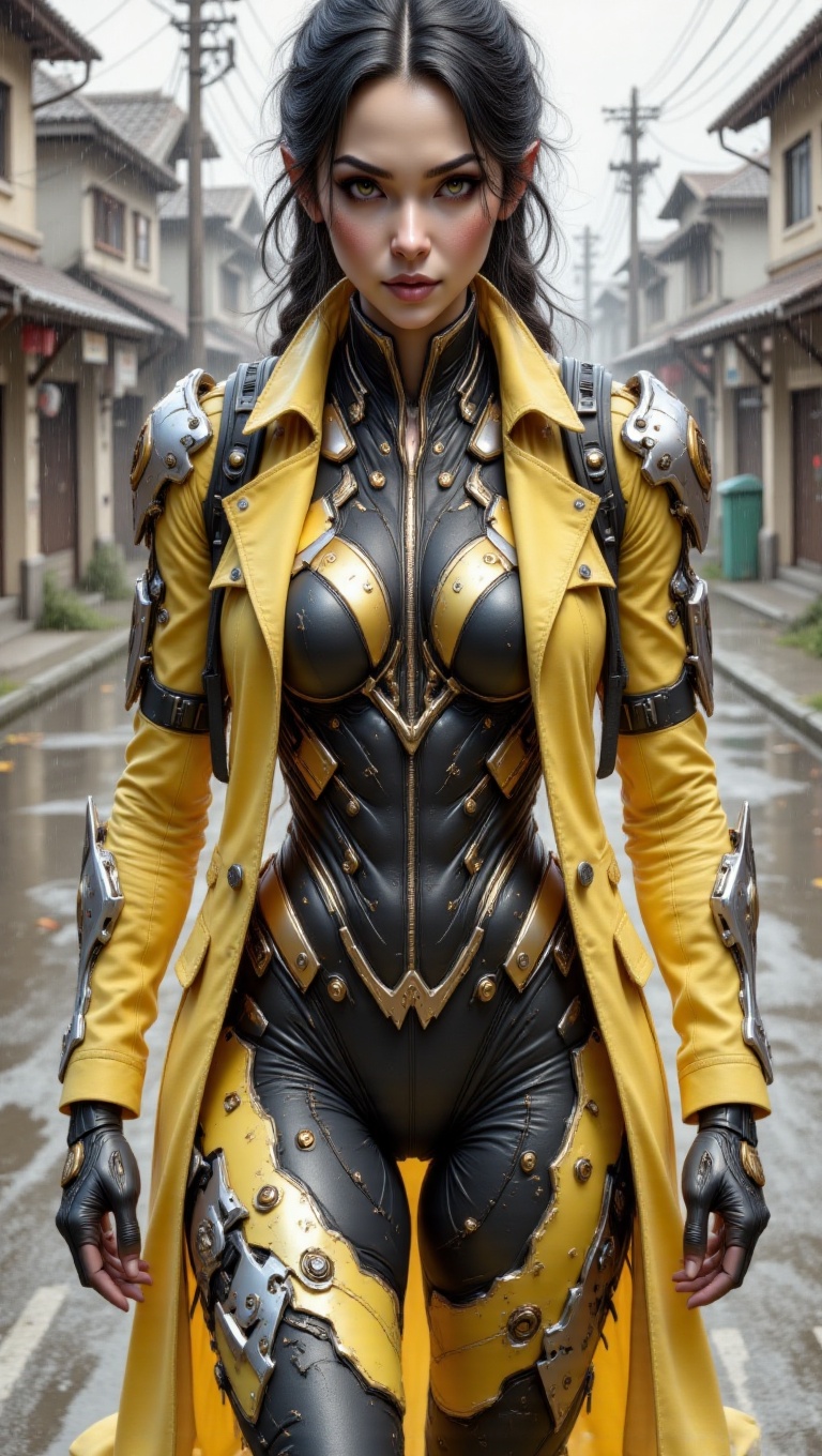 This image features a woman in a distinctive,  futuristic-style outfit,  blending rugged and sophisticated elements. The c...