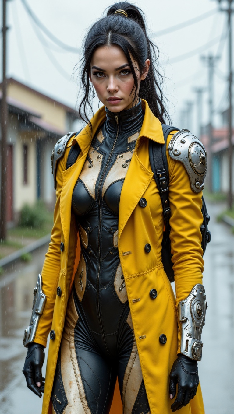 This image features a woman in a distinctive,  futuristic-style outfit,  blending rugged and sophisticated elements. The c...