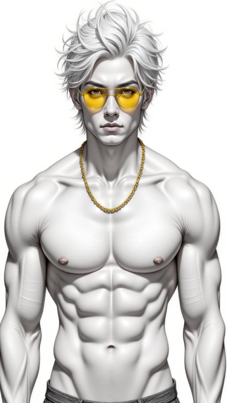 A black and white pencil drawing of a muscular young man with messy white hair,  wearing yellow-tinted sunglasses and a go...