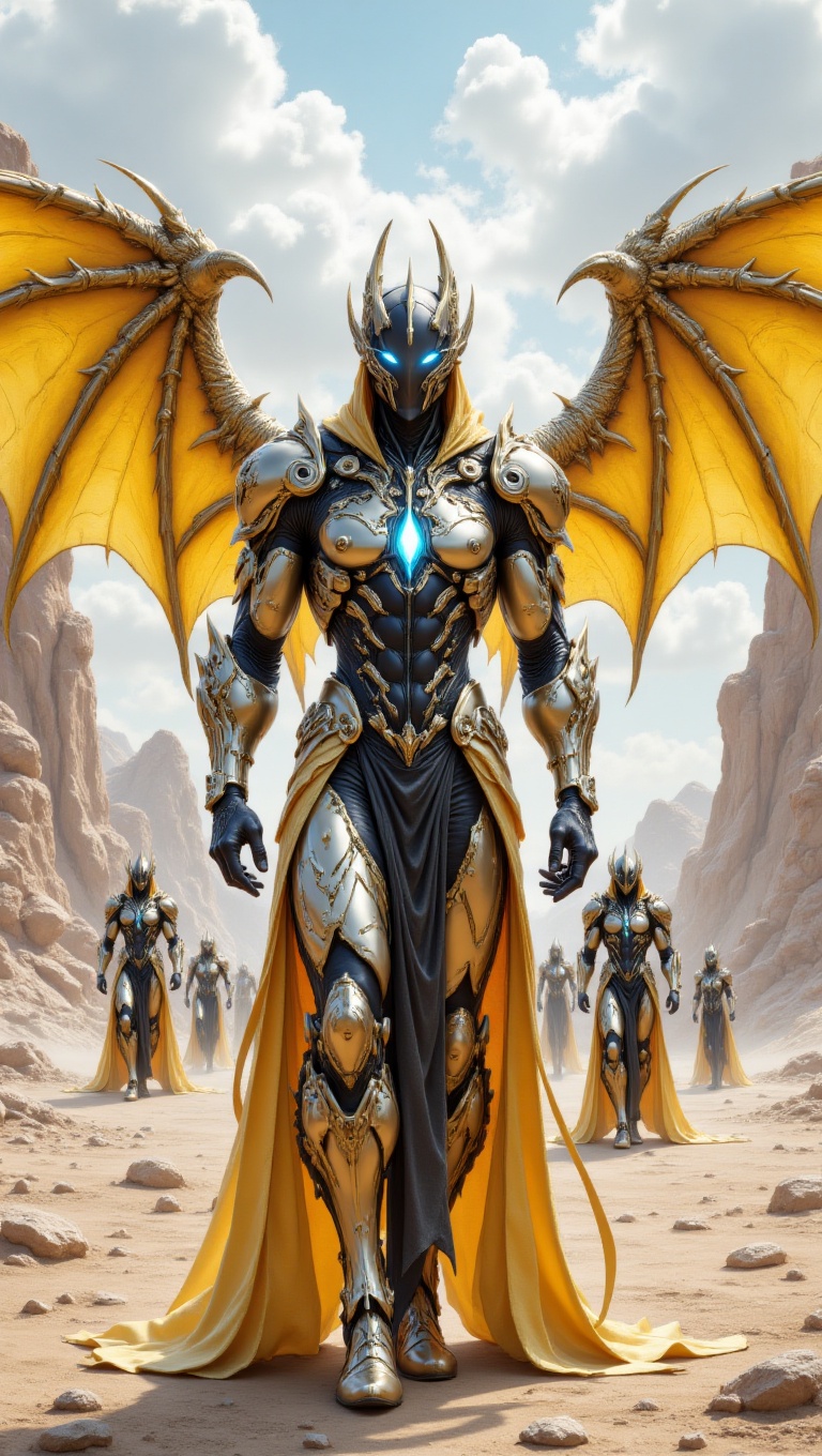 A hyper-realistic digital artwork of a mighty winged warrior standing in a vast desert canyon. The warrior is a human-like...