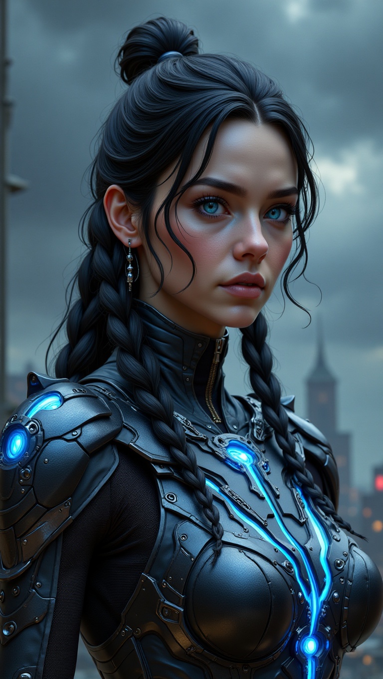 The subject is a woman,  rendered with intricate detail on her face and a serious,  focused expression. Her bright blue ey...