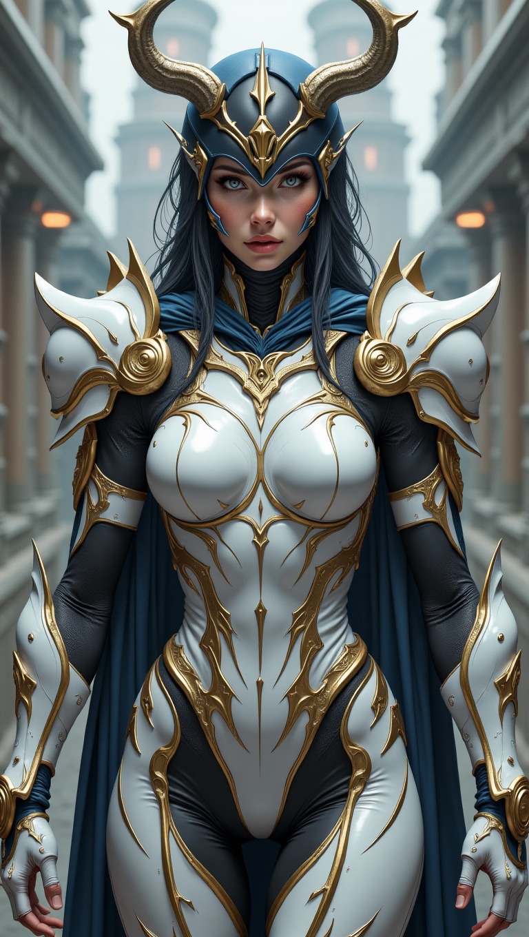 A hyperrealistic,  cinematic digital art full-body shot of a powerful female warrior. She has a determined gaze and is wea...