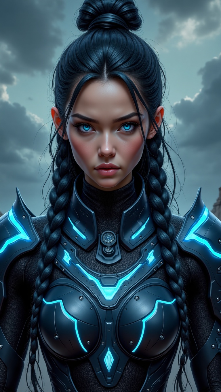 A highly detailed,  hyperrealistic cinematic digital art portrait of a young female warrior. She has a determined expressi...