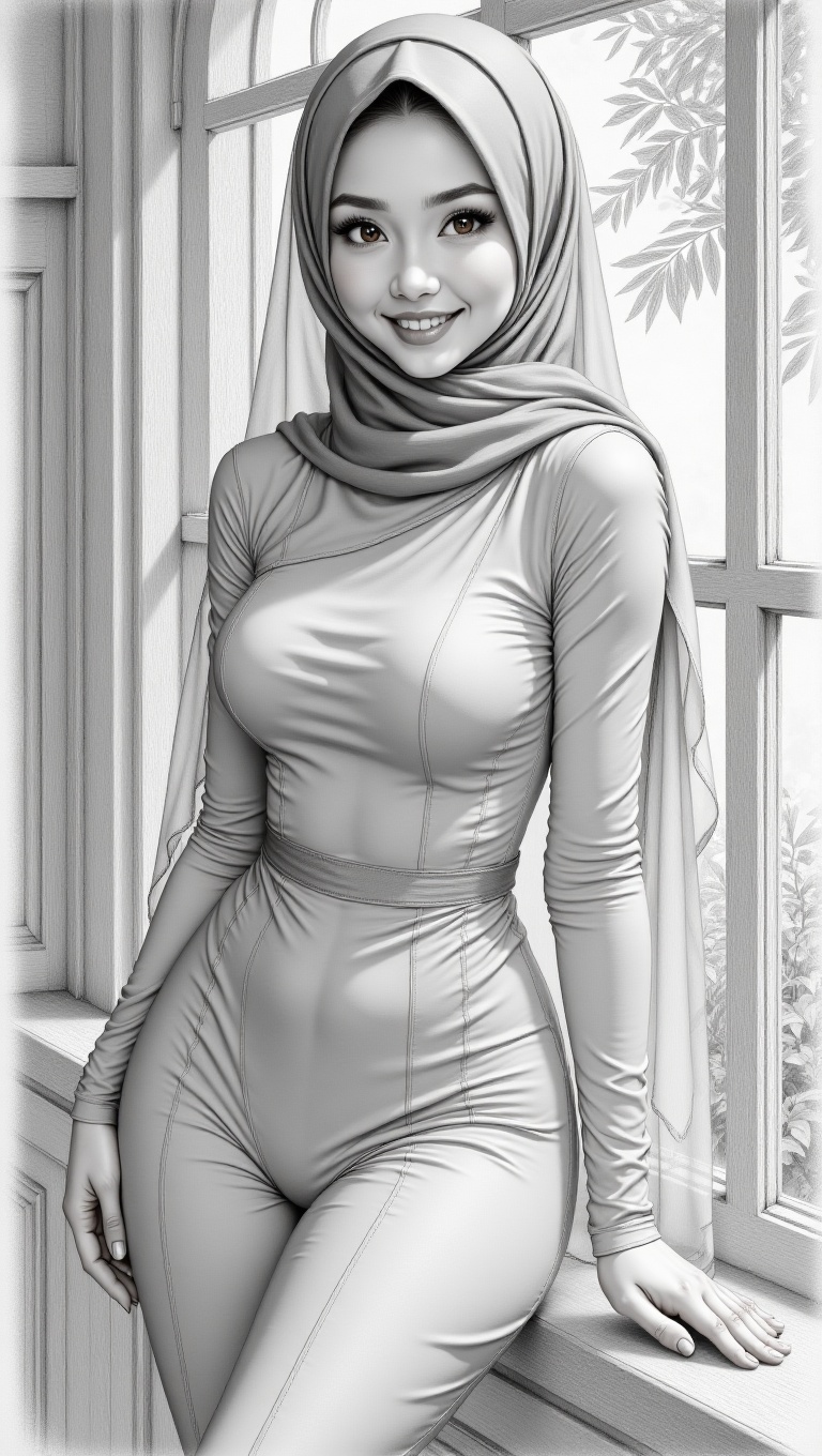 A highly detailed,  realistic pencil drawing in black and white,  depicting a beautiful young woman of Malaysian ethnicity...
