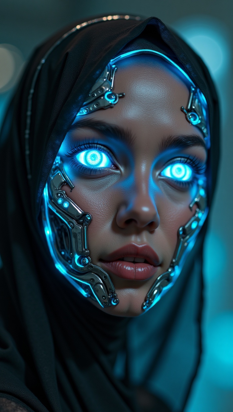 A close-up shot of a pretty Malay woman's face,  wearing a hijab and loose abaya,  transformed into a zombie cyborg. Her f...