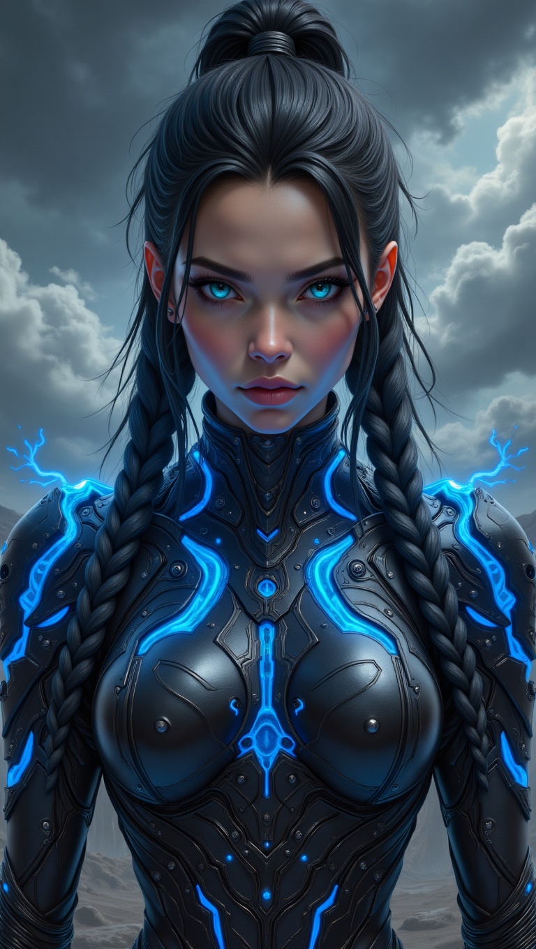 Subject: A detailed portrait of a young,  powerful female warrior. Character Details: Her face has a serious and determine...