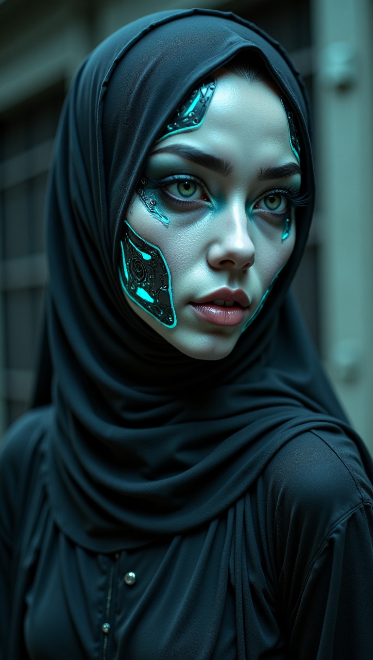 A close-up shot of a pretty Malay woman's face,  wearing a hijab and loose abaya,  transformed into a zombie cyborg. Her f...