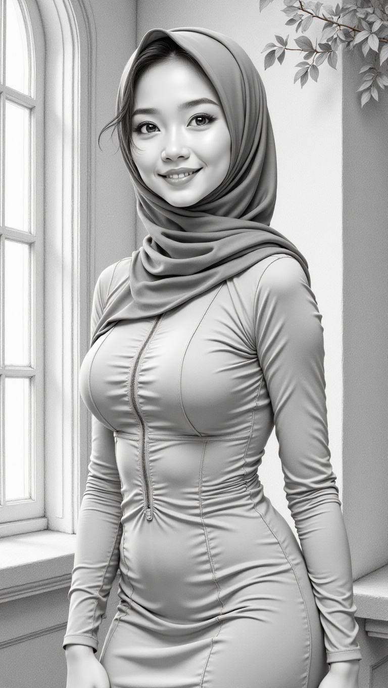 A highly detailed,  realistic pencil drawing in black and white,  depicting a beautiful young woman of Malaysian ethnicity...