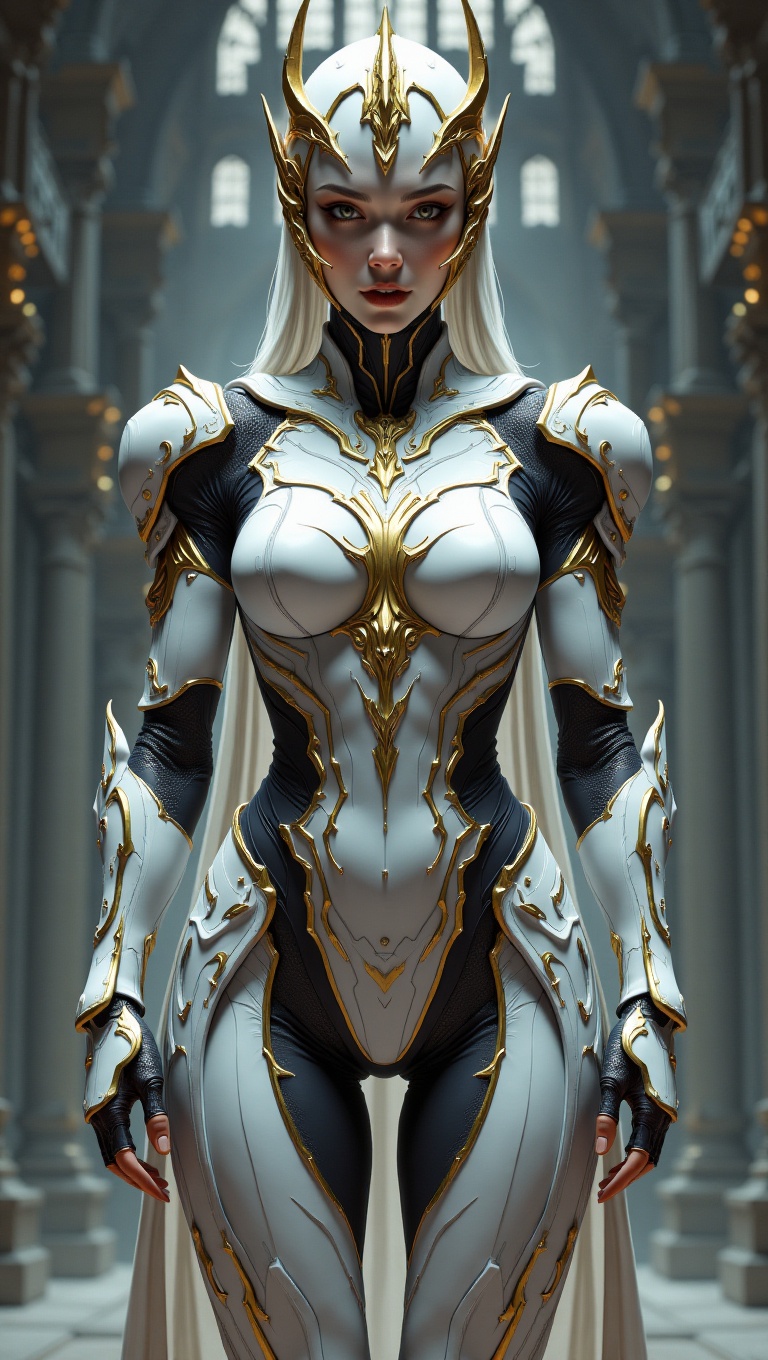 Character Design: A striking female figure,  armored in a form-fitting futuristic exosuit. Armor design blends sci-fi aest...