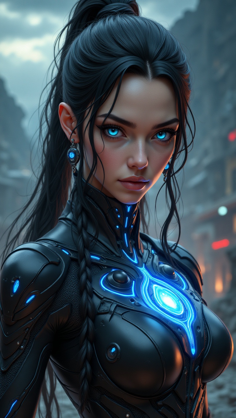 The subject is a woman,  rendered with intricate detail on her face and a serious,  focused expression. Her bright blue ey...