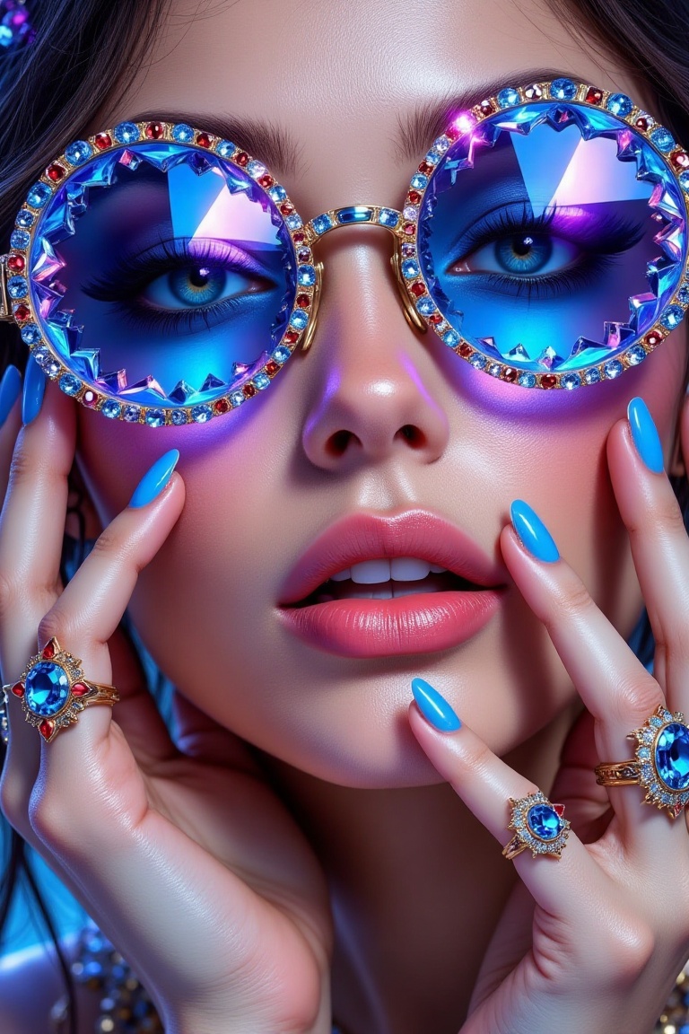Close-up,  high-detail digital illustration of a woman wearing oversized,  faceted round sunglasses that refract light lik...