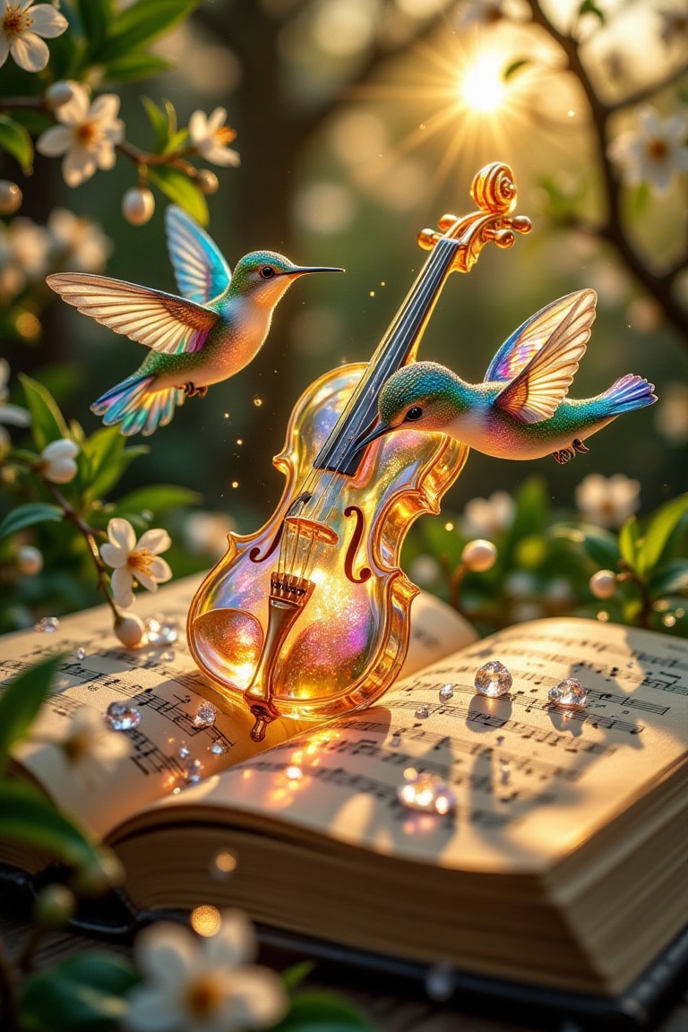 A highly detailed,  ethereal scene featuring two iridescent hummingbirds hovering around a luminous glass violin,  their w...