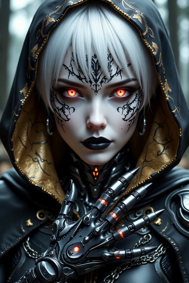 Captivating portrait of an android woman with a sharp,  brilliant white bob haircut,  her face a striking canvas of smooth...