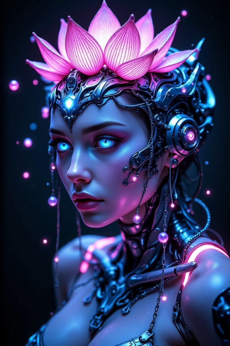 Photorealistic portrait of a female cyborg in a contemplative pose,  head tilted down,  glowing blue eyes gazing away. An...
