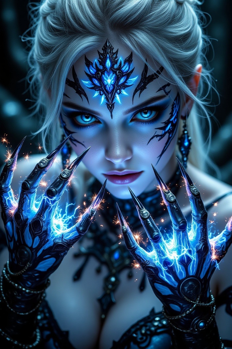 Close-up portrait of an ethereal,  powerful woman with fair skin,  intense blue eyes on Tensor.Art