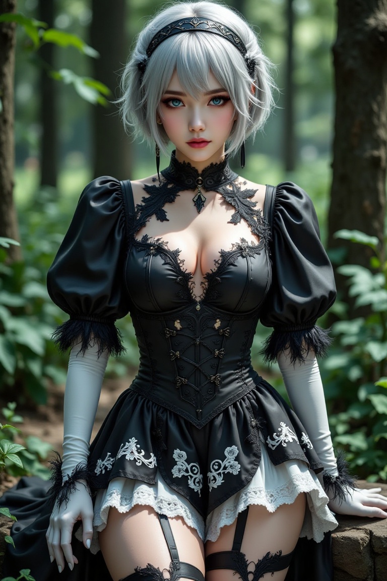 Photorealistic portrait of a beautiful female character with short silver bob hair,  black headband,  striking blue eyes o...