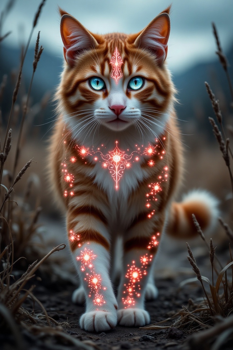 Majestic mystical feline,  blending domestic cat and fantasy beast,  walks gracefully toward the viewer. Rich reddish-brow...