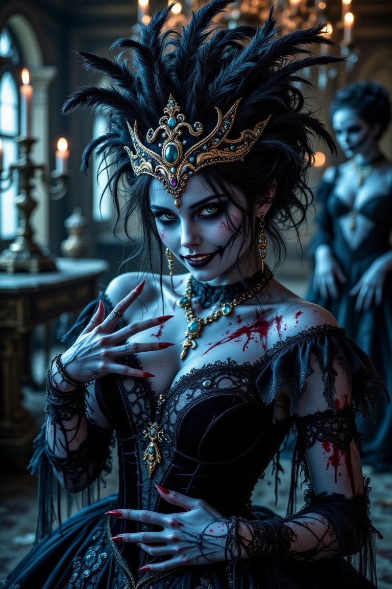Beautiful ghost woman with messy black hair,  pale blue skeletal face,  sharp teeth on Tensor.Art