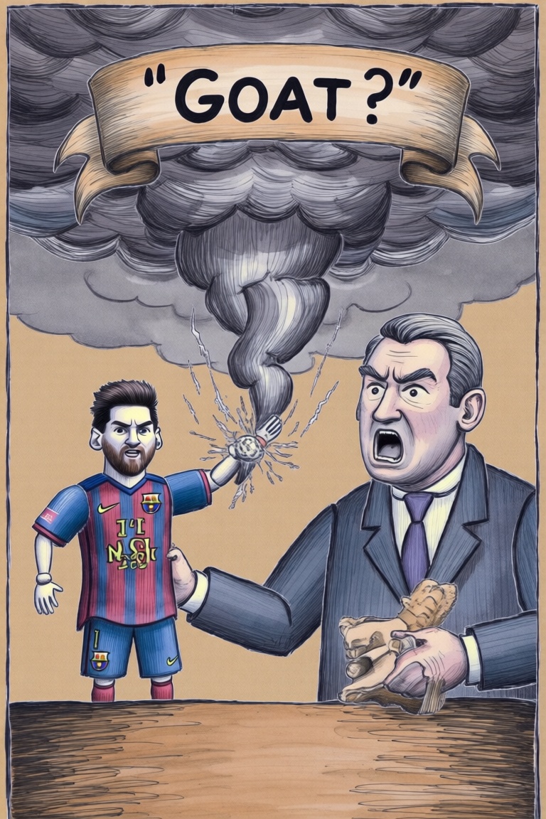 A loser football coach is putting all of his angry storm onto a doll of Messi,  Victorian style,  the caption of this scen...
