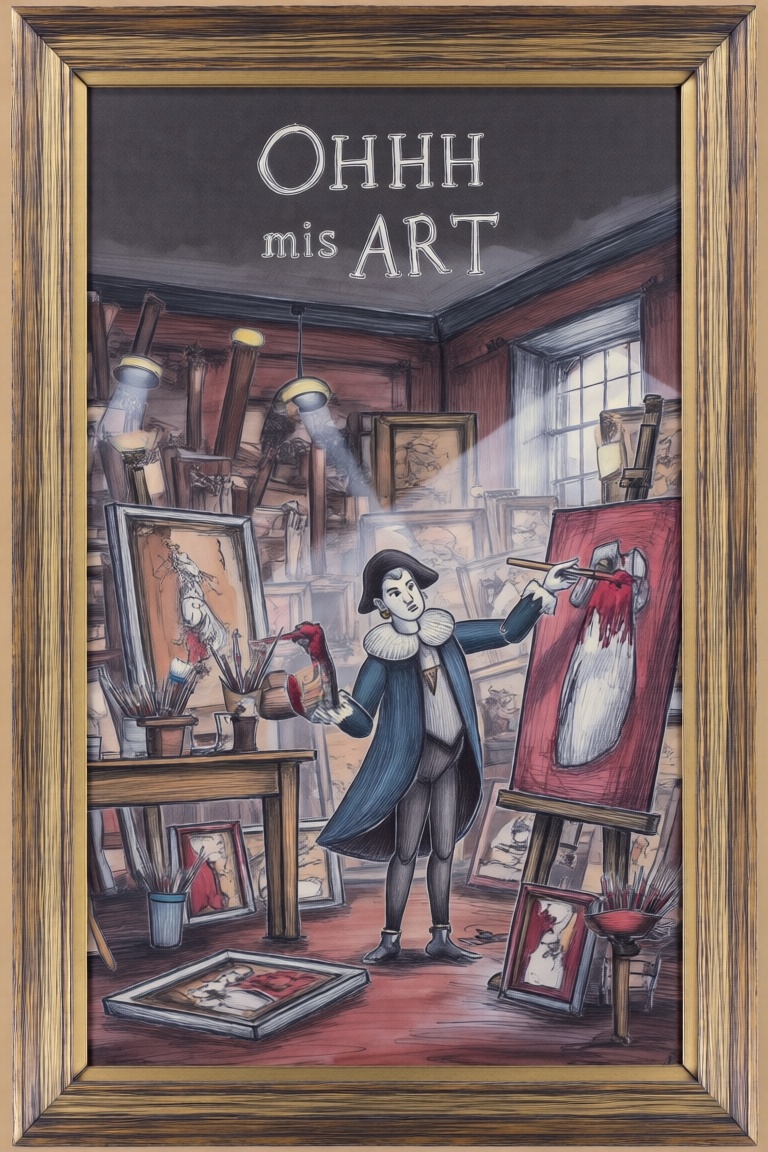A grand Victorian-style painting captures a dramatic scene with high-blood inspiration. The frame is wide,  showing a bust...