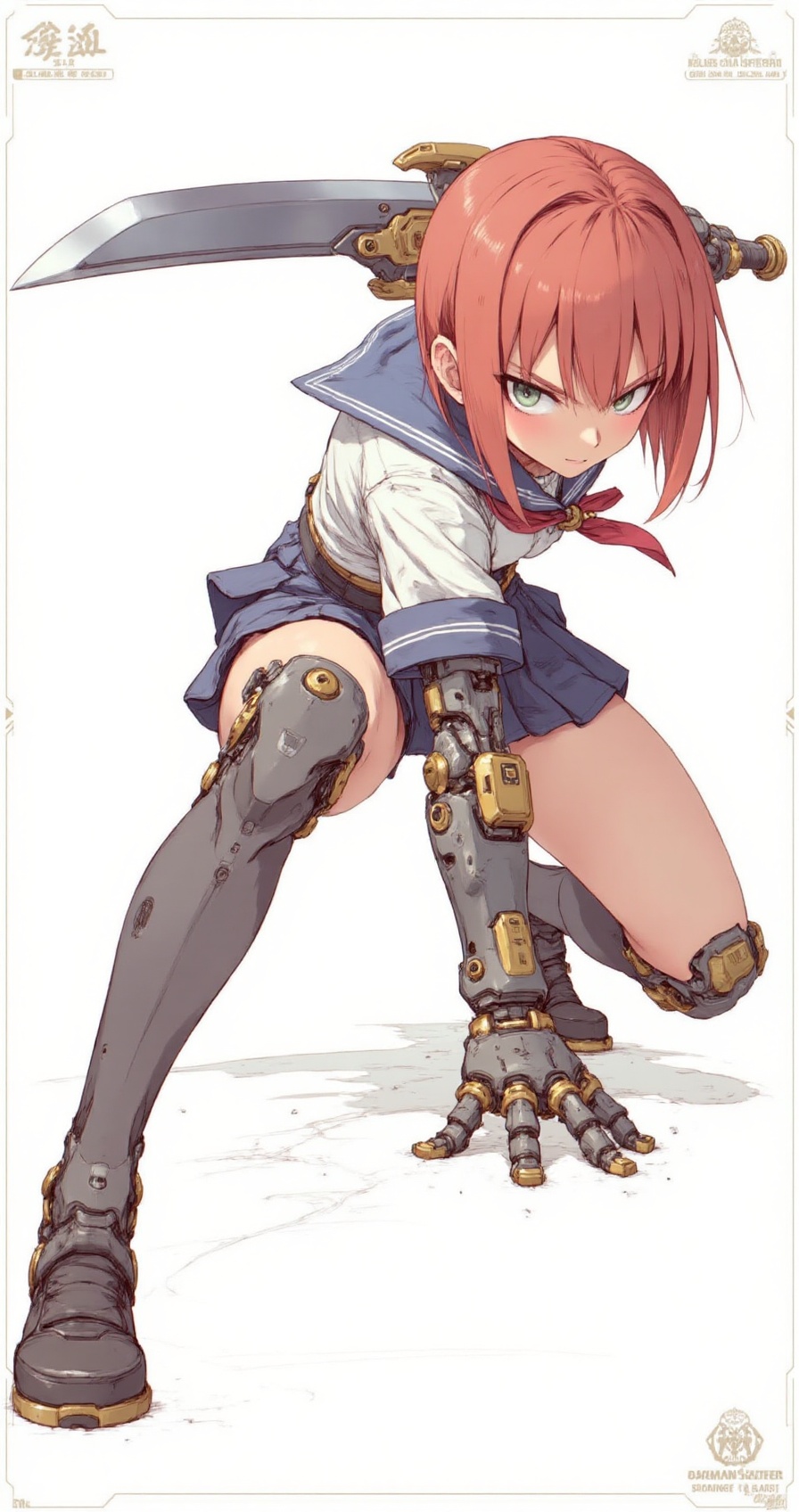 mecha_pose,  a short-haired mecha girl in school uniform,  crouching aggressively with sword drawn on Tensor.Art