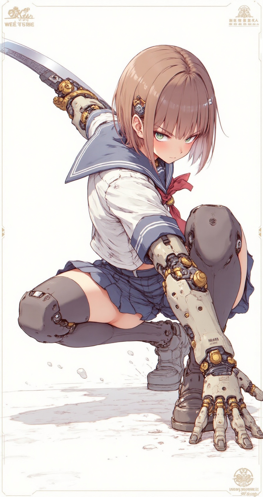 mecha_pose,  a short-haired mecha girl in school uniform,  crouching aggressively with sword drawn on Tensor.Art