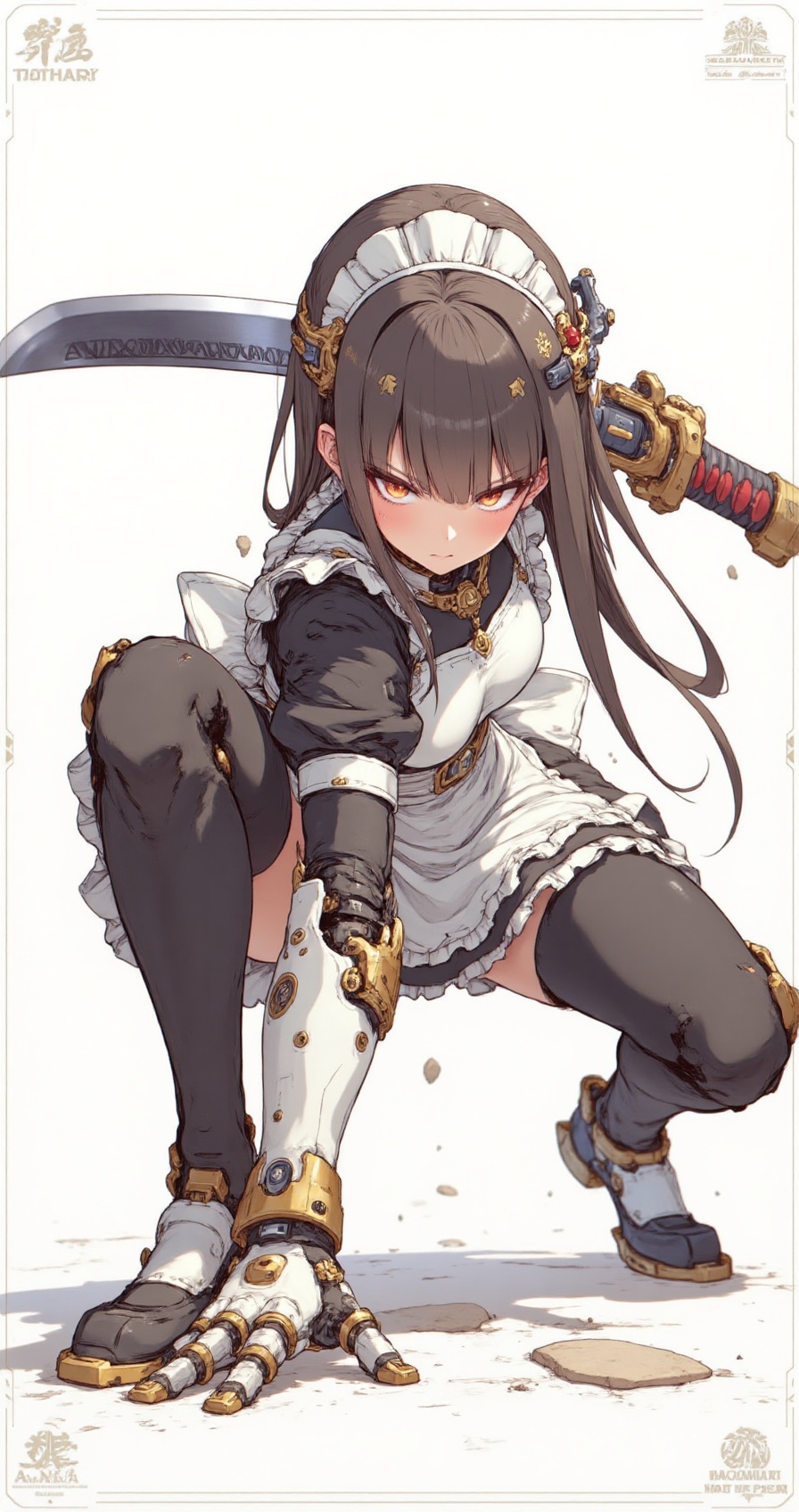 mecha_pose,  a mecha girl in a maid outfit,  crouching attack stance on Tensor.Art