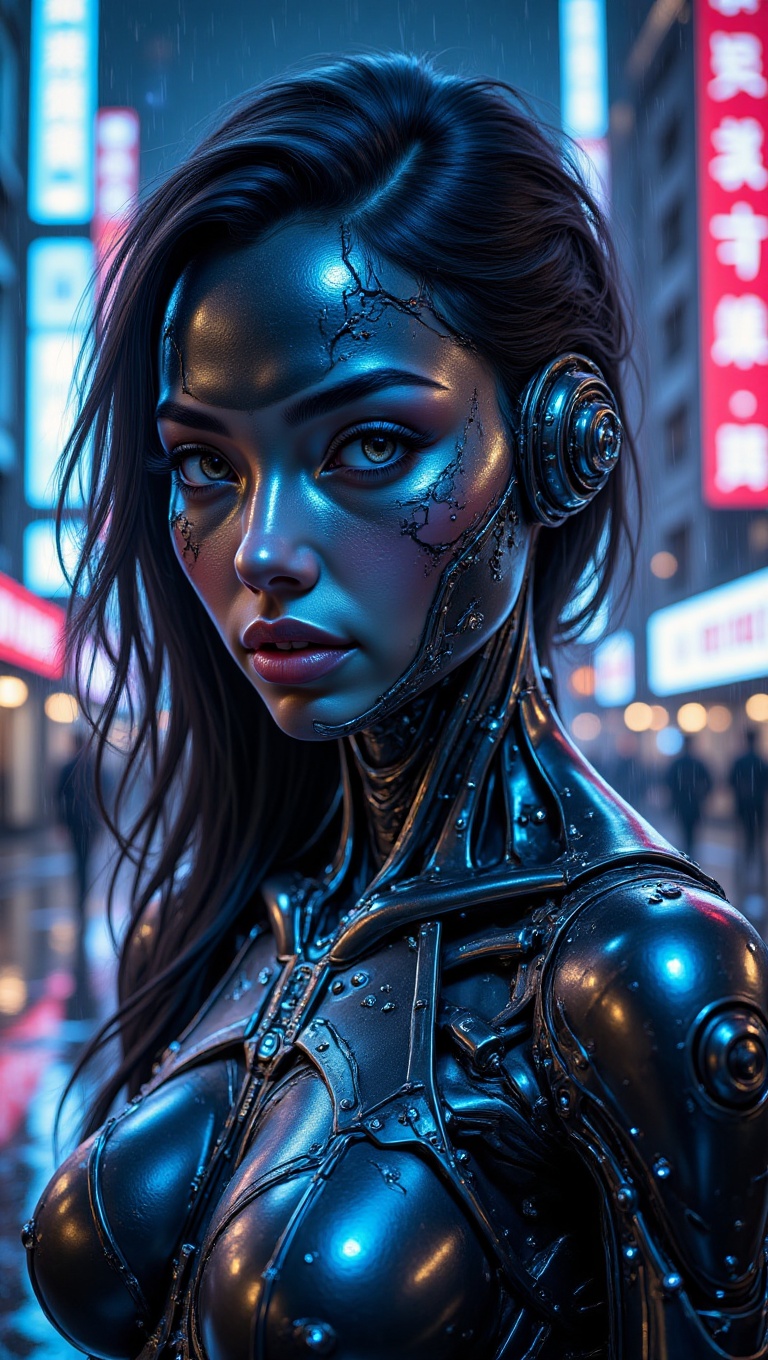Cyberpunk female android,  synthetic skin with iridescent sheen,  glowing blue circuits on Tensor.Art