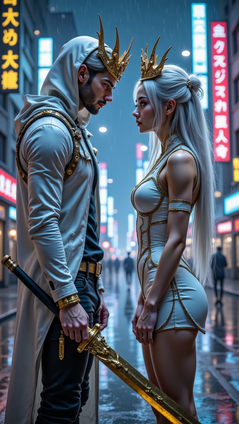 a young man and a young woman face off,  both with long white hair,  wearing the crown and piercing yellow eyes. The man w...