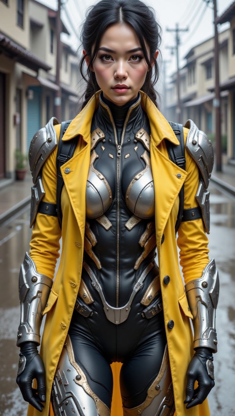 This image features a woman in a distinctive,  futuristic-style outfit,  blending rugged and sophisticated elements. The c...