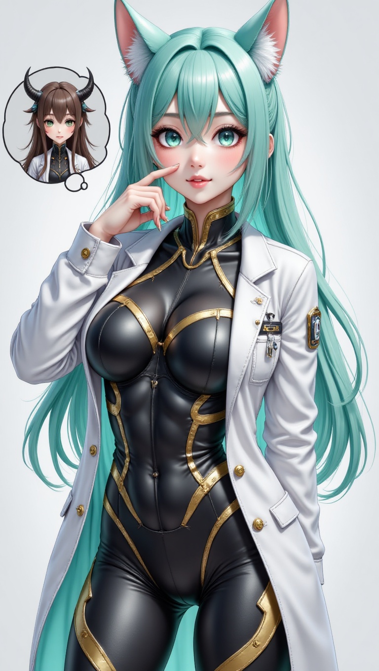 A hyper-realistic,  full-body digital illustration of a cute girl. Her long,  flowing mint green hair looks luminous and n...