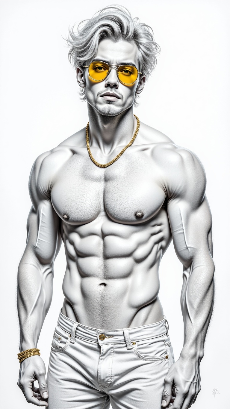A black and white pencil drawing of a muscular young man with messy white hair,  wearing yellow-tinted sunglasses and a go...
