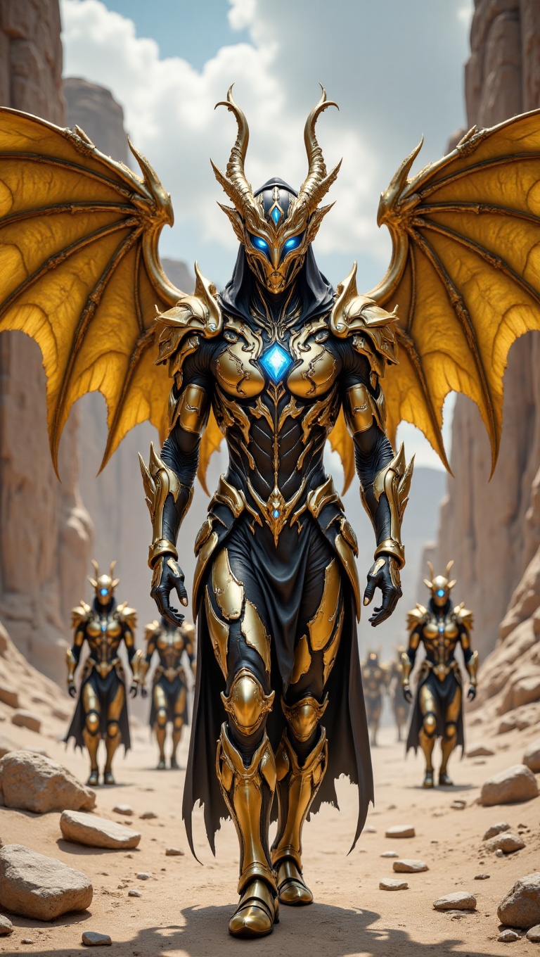 A hyper-realistic digital artwork of a mighty winged warrior standing in a vast desert canyon. The warrior is a human-like...