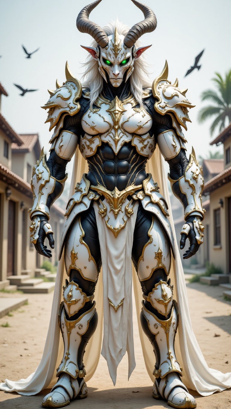 The image depicts a formidable,  humanoid figure in highly detailed,  fantastical armor. The central subject is a white-ar...