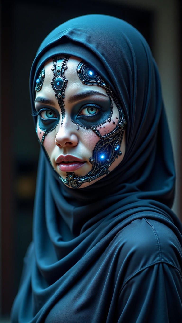 A close-up shot of a pretty Malay woman's face,  wearing a hijab and loose abaya,  transformed into a zombie cyborg. Her f...