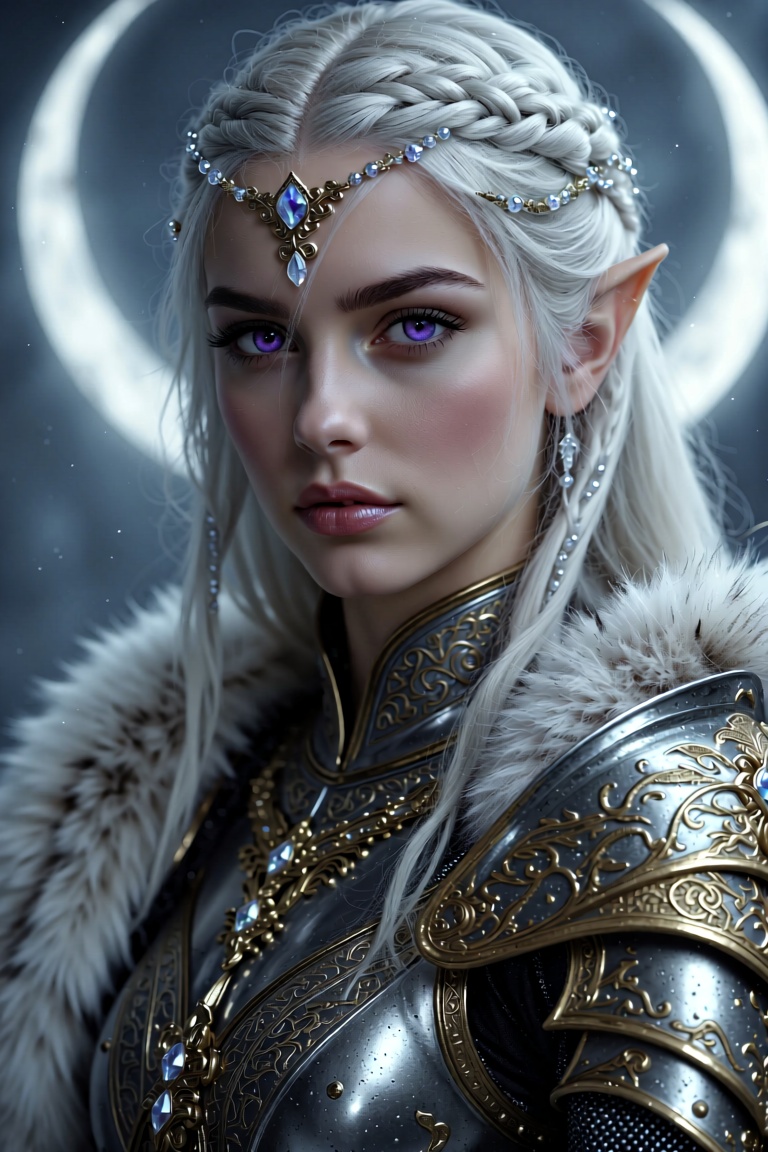 A stunning,  hyper-detailed close-up portrait of a young high elven warrior princess with flawless porcelain skin and mesm...
