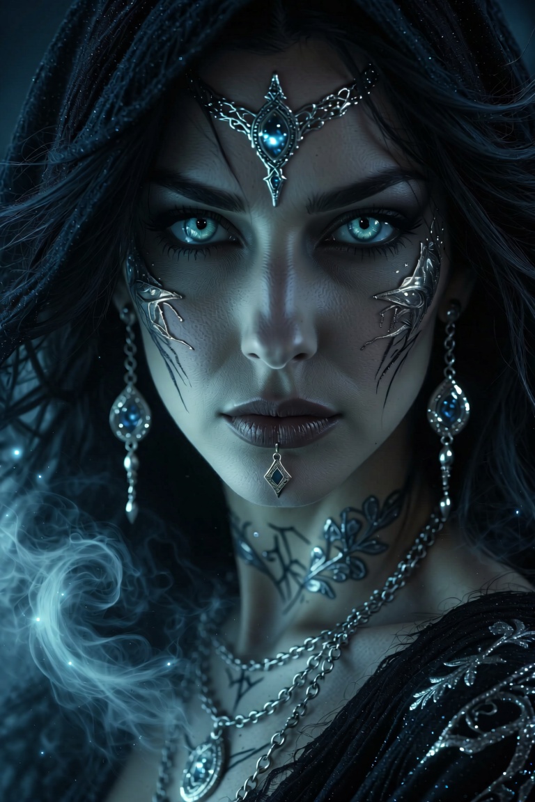 A close-up portrait of a mysterious witch,  her piercing eyes glowing with arcane light. Her face is half-veiled in dramat...