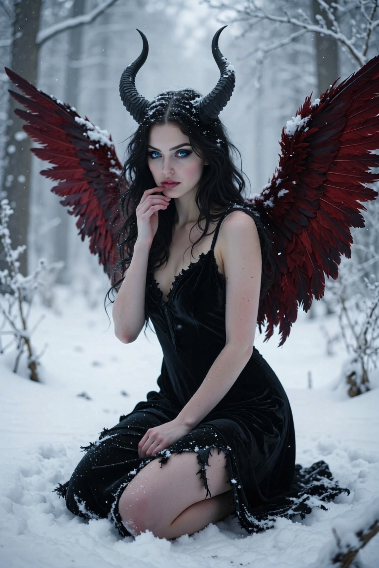 A photorealistic portrait of a young woman kneeling in a snowy clearing. Her dark crimson feathered wings arch wide with f...
