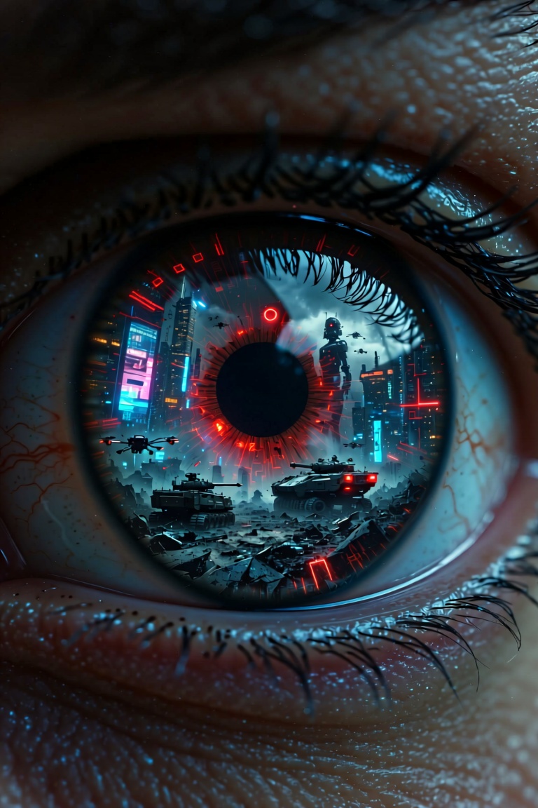A hyper-realistic close-up of a man’s eye,  the viewer gazing directly into it. The iris glows with an eerie cybernetic en...
