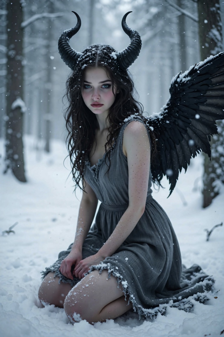 A hyper-realistic cinematic portrait of a mysterious 19-year-old girl kneeling in untouched snow,  her obsidian-black feat...