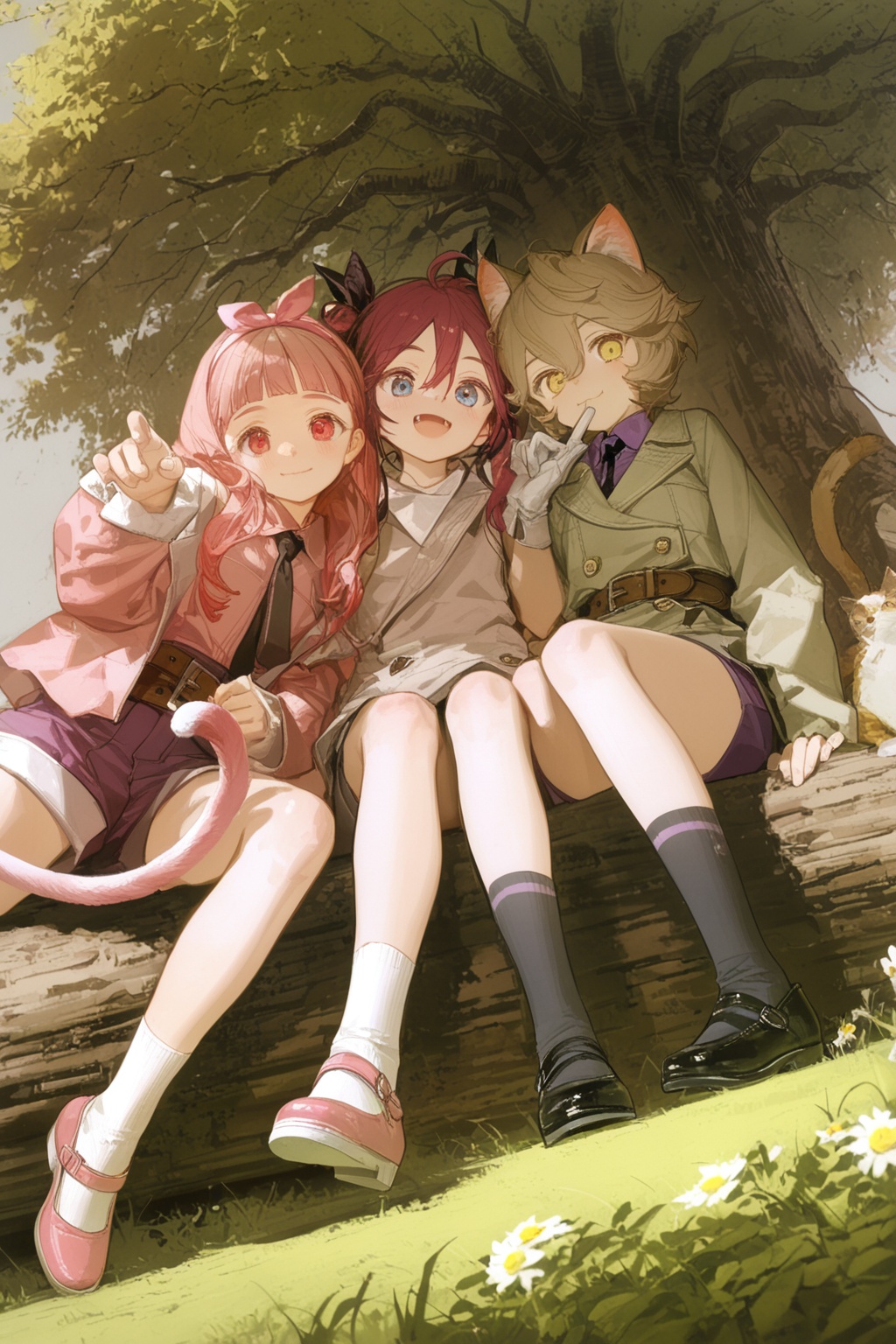 multiple girls,  Reclining on a tree trunk or rock,  from below on Tensor.Art
