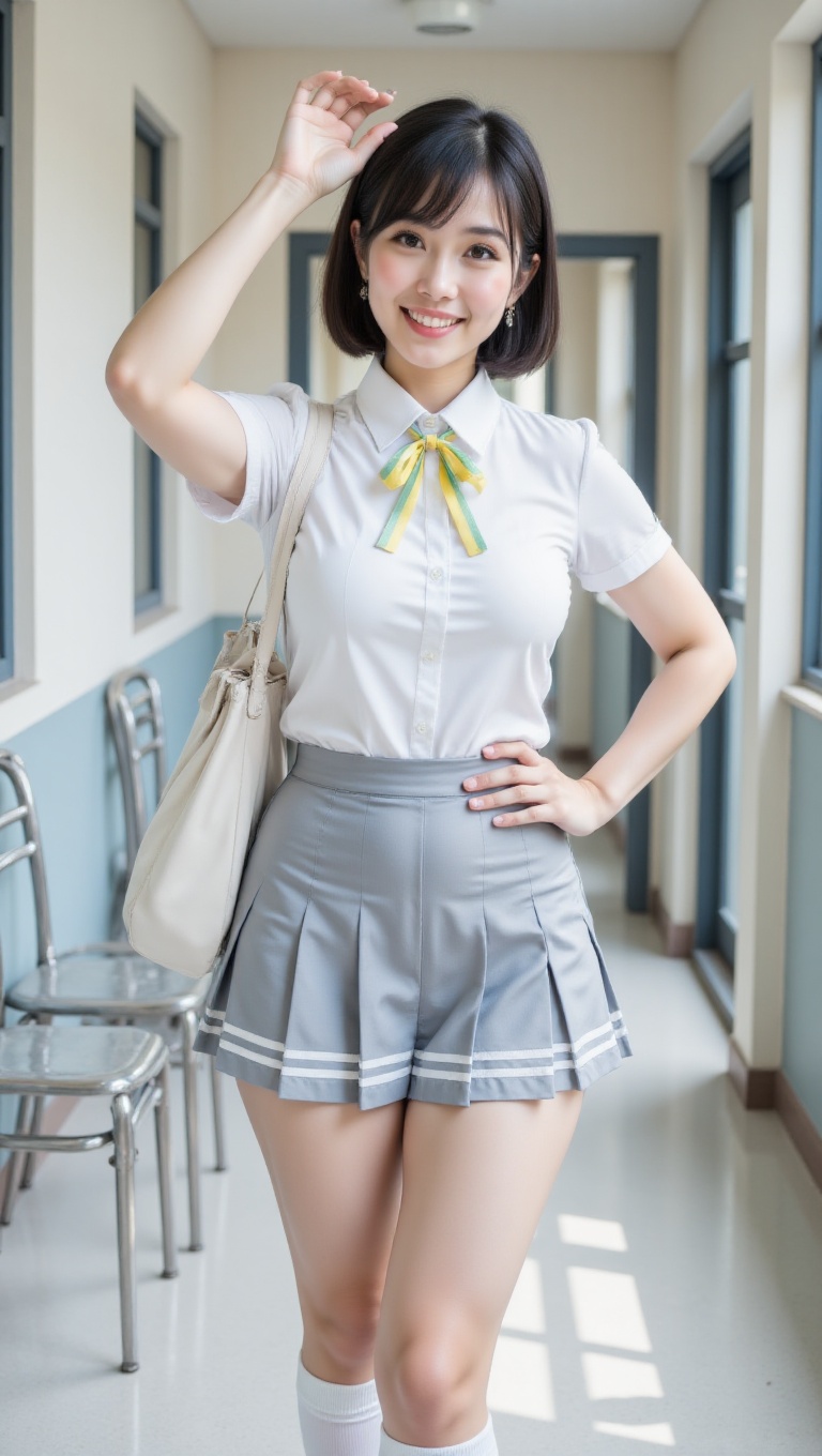 The photograph captures a person in what appears to be a school setting,  possibly a classroom or hallway. The subject is...