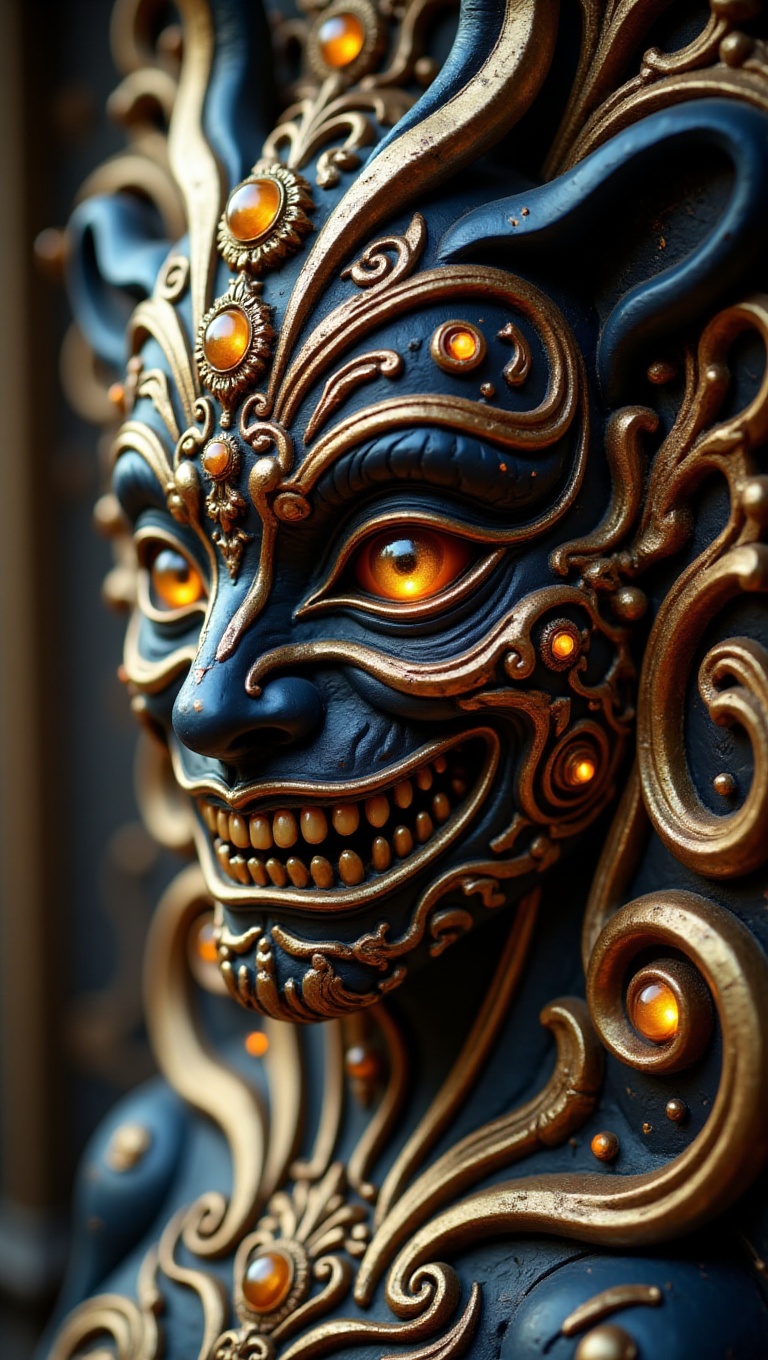 This image depicts a highly detailed and intricate sculpture or mask,  blending dark,  almost demonic features with a sens...