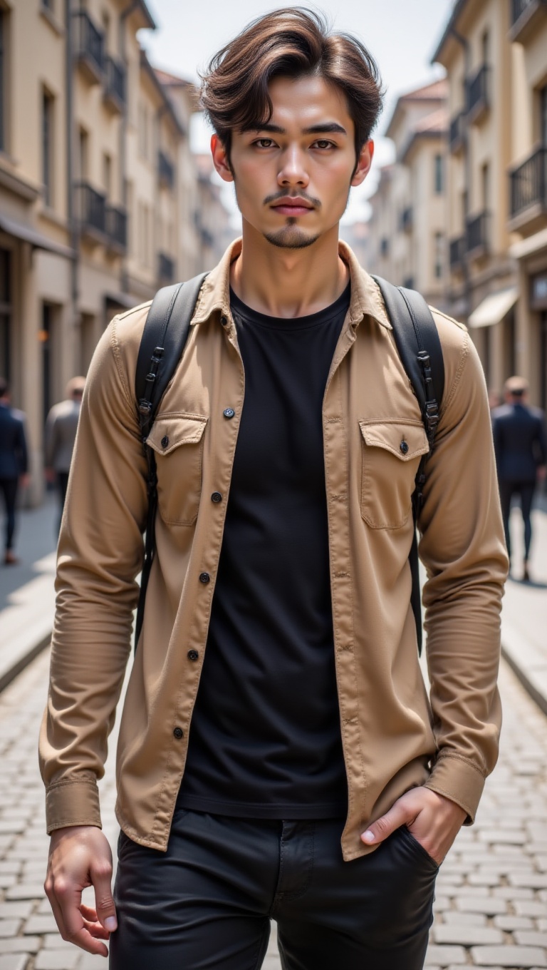 This image shows a young man with stylish,  tousled brown hair,  standing in the middle of a cobblestone street. He's wear...
