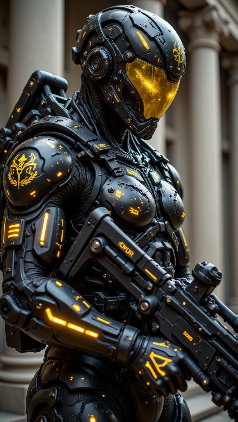 A monumental hyper-realistic poster,  capturing a futuristic soldier in a dynamic,  non-static stance on Tensor.Art
