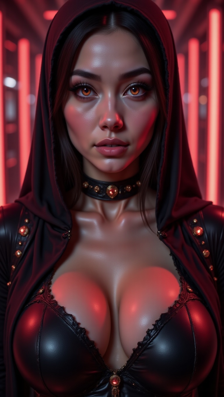 a close-up of a woman,  hooded,  black hood on Tensor.Art
