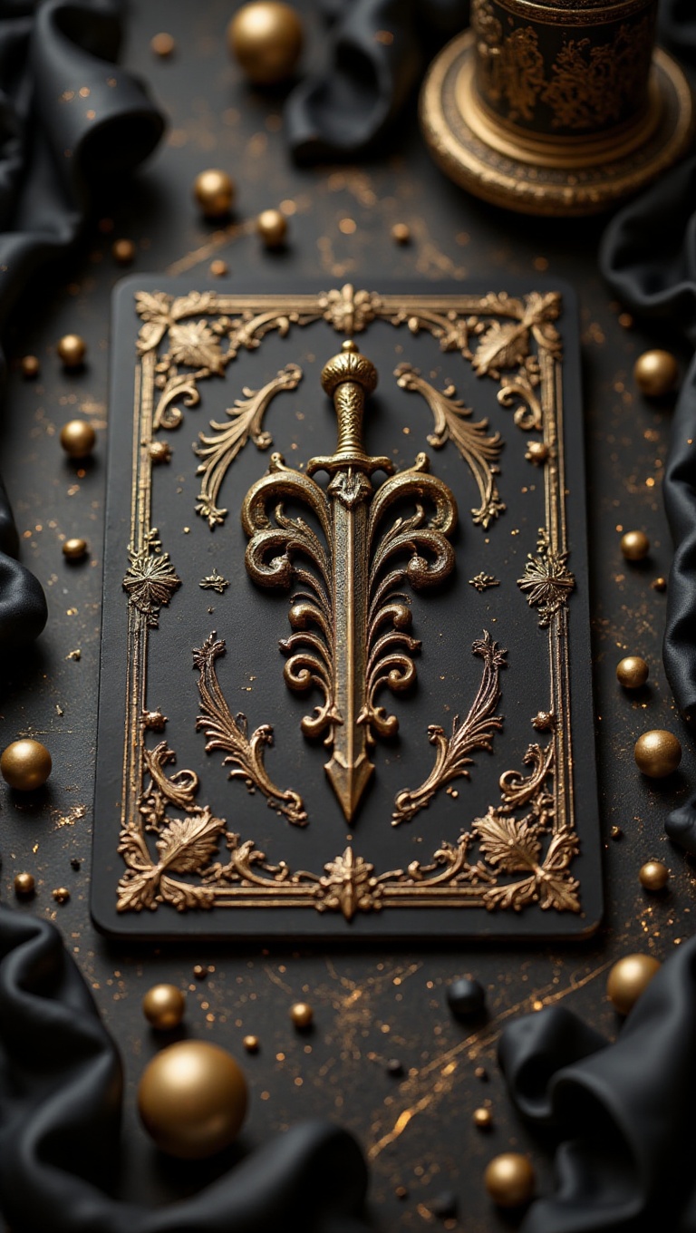 A flat lay photograph of a luxurious,  antique-style game card. The card has a matte black background with an intricate go...