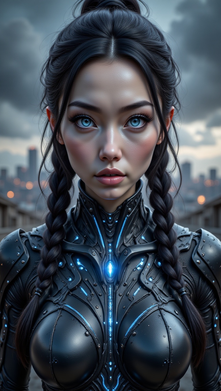 A hyper-realistic,  ultra-detailed portrait of a woman with a serious,  focused expression and piercing bright blue eyes a...