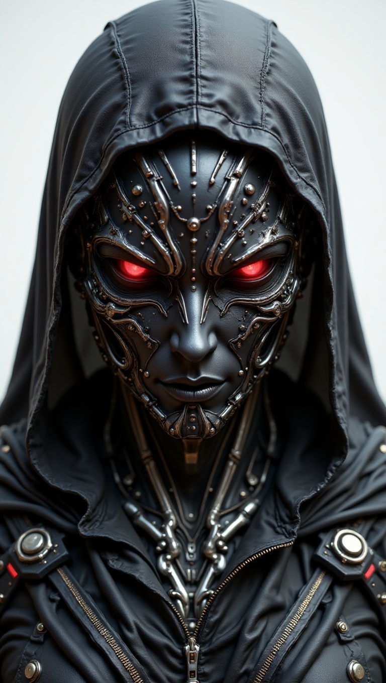 Create an image of a mysterious,  cyberpunk male character wearing a dark hooded cloak. Their face is obscured by a futuri...